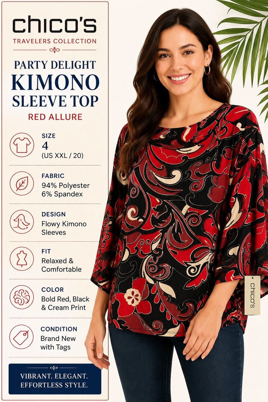 NWT Chico’s Travelers Kimono Sleeve Top Size 4 XXL Red Allure Print Blouse